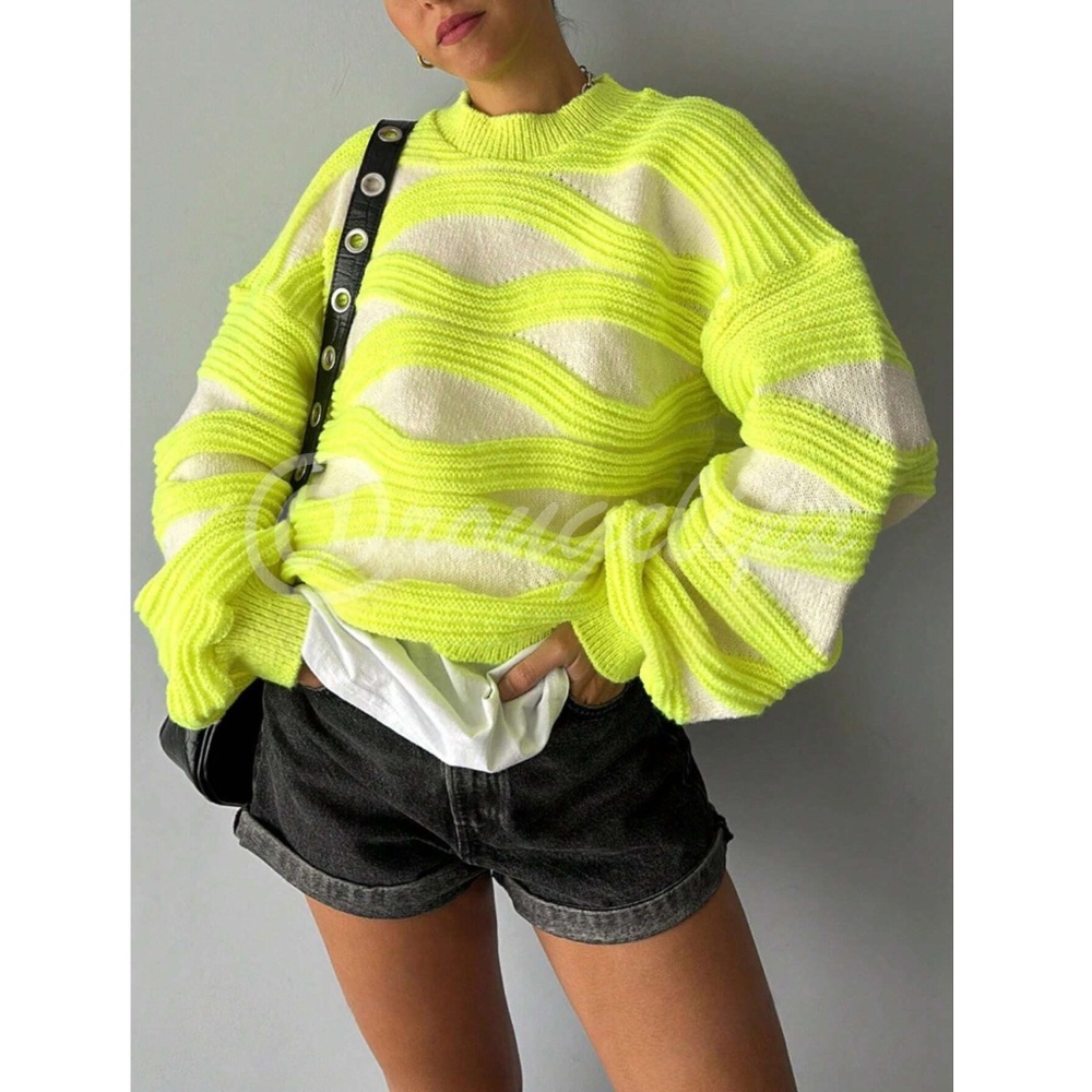 Textured Knit Pullover Sweater Lantern Sleeve Neon Yellow on Off White - Picture 2 of 6